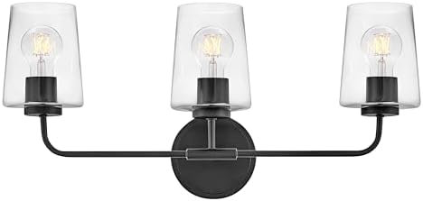 Lark Kline Three-Light Bath Vanity, Tapered Clear Glass Shades, Mount Up or Down, Black Finish