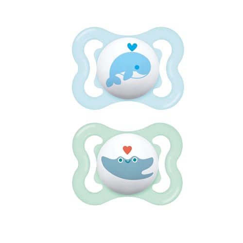 Image of MAM Mini Air Pacifiers, Sensitive Skin Pacifier 0-6 Months for Breastfed Babies, Baby Boy Pacifiers, 2 Count (Pack of 1), Designs May Vary
