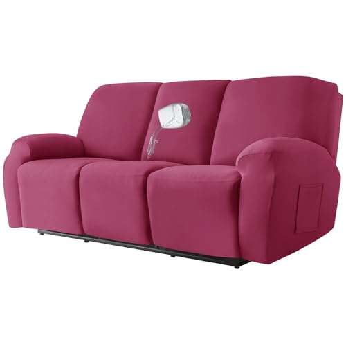 ZRCYXDW 防水 リクライニングソファーカバー 8ピース, ストレッチ リクライニングカバー と サイドポケット付き 柔らかい ソファーカバー 滑り止め 洗える 家具プロテクター-ワインレッド-3 人掛け