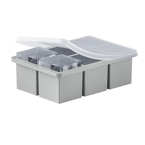 Image of Ice Cube Molds with Lid,Big Silicone Ice Cube Tray for Whiskey,2Inch Square Ice Cube Tray,Easy-Release Ice Mold,Giant Ice Cubes for Bourbon Cocktail (1, Grey)