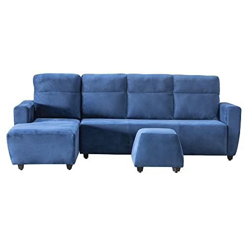 Image of Wakefit Sofa Set for Living Room | 3 Year Warranty | L Shape Sofa, Sofa Set, Wooden Sofa Set for Living Room, 3 Seater Sofa + Left Aligned Chaise + Ottoman - Belize (Fabric, Velvet Blue)
