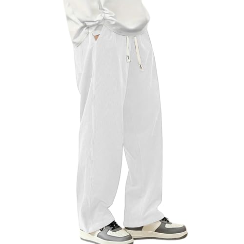 Mens Corduroy Pants Baggy Straight Wide Leg Casual Pants Drawstring Elastic Waist Loose Fit Sweatpants with Pockets2