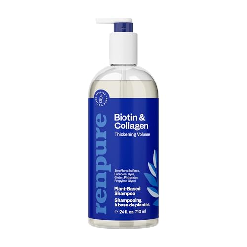 Renpure Plant Based Biotin and Collagen Thickening Volume Shampoo - Leaves Hair Looking Luscious - Rids Hair of Grime - Gentle Formula - Paraben Free - Recyclable, Pump Bottle Design - 24 fl oz