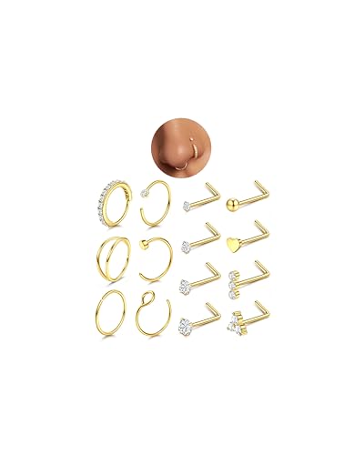 CASSIECA 14 Piezas 20G Piercing Nariz Acero Quirurgico Piercing Forma de L Nariz Studs Piercing Nariz Aro Hipoalergénico Anillos de Nariz Oro Mujer Hombre Joyeria Piercing
