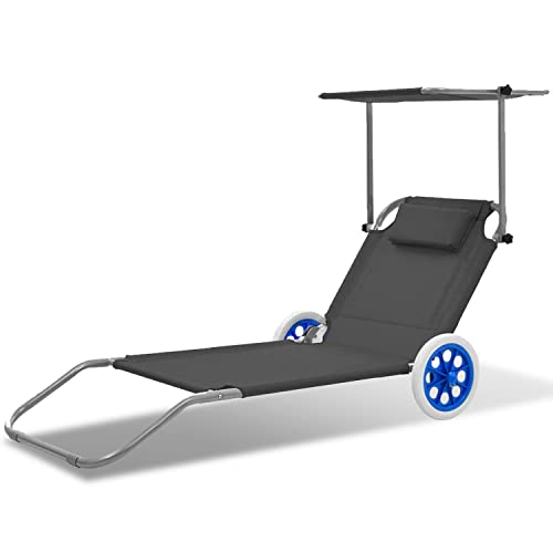 Izrielar Tumbona con 2 ruedas, tumbona de jardín, tumbona de playa plegable con protección solar, tumbona plegable, tumbona reclinable, ruedas reclinable, respaldo ajustable, antracita, gris