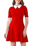 Aphratti Women's Short Sleeve Peter Pan Collar Cute Skater Dress Fit and Flare A-Line Casual Dresses Red Large