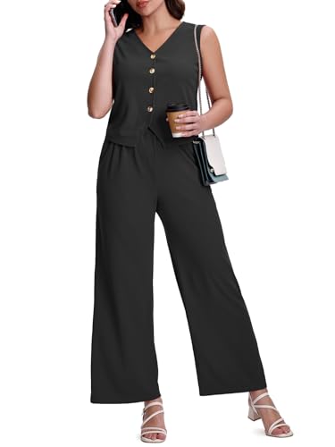 SeSe Code Womens 2 Piece Outfits Business Casual Button Up Vest and Wide Leg Pants Waffle Knit Sleeveless Blazer Suit Set2