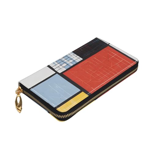 (Composition in Red Yellow Blue and Black) Faux Leather Wallet Long Clutch Zipper Purse Card Holder Travel Coins Cash Organizer Phone Pocket 7.48 x 4.13 x 0.9 inches3