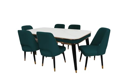 Image of WOODEN SPACE 6-Seater Wooden Dining Table Set | Nano Composite Marble Top | Solid Wood Base | Modern Dining Room Furniture with 6 Chairs (Sea Blue Vintage)