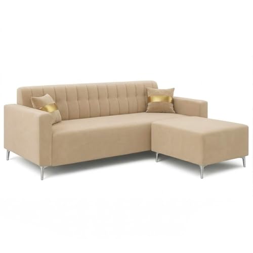 Image of FURNY Regan 4 Seater L Shape Sofa Set with Movable Ottoman | Flexible Left or Right Layout | Plush Velvet Fabric (Beige) | Perfect for Living Room, Guest Room & Office