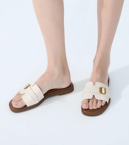 Image of UBFEN Womens Square Toe Flat Sandals Slides Dressy Comfortable for Beach