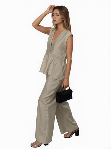 VCM 2 Piece Sets for Women Peplum Top Button-up Vest V Neck Cropped Tank Tops Straight Leg Pants Work Outfits Business Casual4