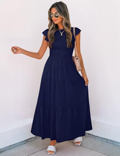 ZESICA Women's 2026 Summer Casual Flutter Short Sleeve Crew Neck Smocked Elastic Waist Tiered Midi Dress RoyalBlue XX-Large