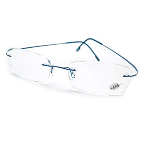 Bumjazz Randlose rahmenlose Titanrahmen Lesebrille mit Federscharnier für Herren und Damen Brillen 61(Blau,+3.00) Cover