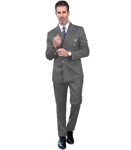 Pinstriped Men‘s Suits Double Breasted 2-Piece Blazer Pants Peak Lapel Slim Fit Tuxedo Set Wedding Prom