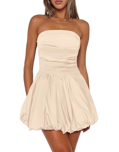Image of Women's Strapless Bubble Mini Dress Tube Top Ruched Bow Tie Back Party Cocktail Dresses