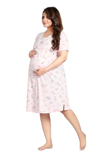 Image of Fabme Women's Above Knee Length Printed Pre and Post Pregnancy Pure Cotton Nursing Nightdress Nighty