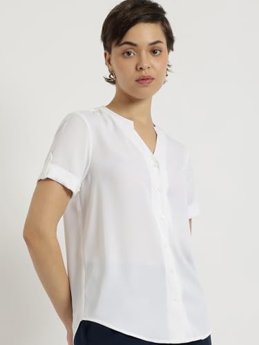 Image of FableStreet Women Formal Top | Asymmetrical Button Placket Band Collar Three-Quarter Sleeves | Pure Cotton Smooth Fabric for Office & Workwear