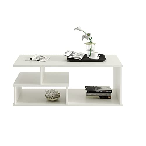 Image of FURNEASER Witely Coffee Table Modern Centre Table with Storage Shelves, Teapoy, Centerpiece Tea & Coffee Table for Living Room, Engineered Wood, Matte Finish, White, 90x45x36 cm
