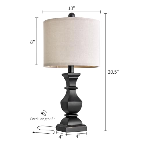 PoKat 20.5'' Bedside Table Lamp for Bedroom Nightstand - Farmhouse Lamp for Living Room, Black Night Stand Light Lamp with Round Linen Shade, Vintage Bedroom Lamp, Suitable for Small Place