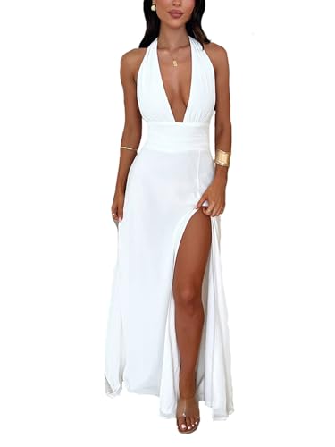 Image of Ekaliy Womens Sexy Halter Deep V Neck Maxi Dress Sleeveless Backless Split Long Dress