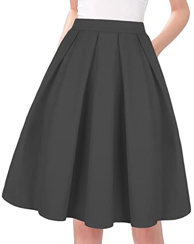 Tandisk Women's Vintage A-Line Printed Pleated Flared Midi Skirts With Pockets (Grey, Xl) #TOP6