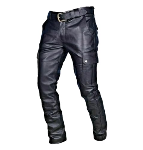 Men’S PU Leather Motorcycle Pants Black Slim Fit Trousers with Cargo Pockets Stylish Biker Pants No Belt