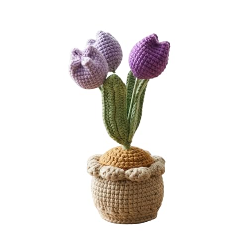 Image of eCraftIndia Artificial Handmade Crochet Purple Tulip Flower Bouquet with Pot for Table Decor Car Dashboard Office Desk Home Decoration Item | Gift for Friends Mothers Day Teachers Day Anniversary