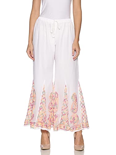 Women Palazzo Pants Chikankari High Waist Wide Leg Casual Lounge Boho Beach Trousers Georgette White