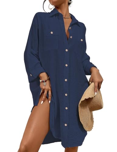 Image of Bsubsach Button Down Swimsuit for Women Sweatshirt Dress with Ruffled Sleeves Beach Shirt