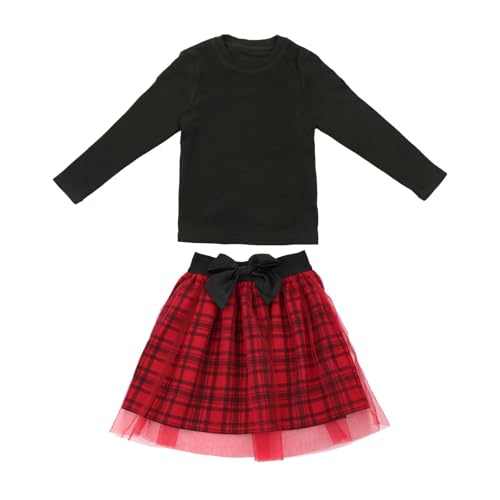 Image of Little Bitty Toddler Girl Skirt Set 2Pcs Outfits Long Sleeve Tops & Red Plaid Skirts with Bowknot Kids Cute Clothes 2T-7T