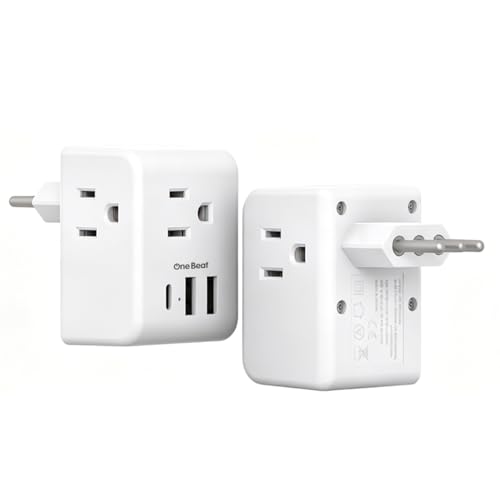 Image of 2 Pack Italy Travel Plug Adapter, Type L Italy Power Adapter with 3 American Outlets 3 USB Ports(1USB C), 6 in 1 Travel Outlet Adaptor, 3 Prong Grounded Plug for USA to Italy Chile Uruguay Italian
