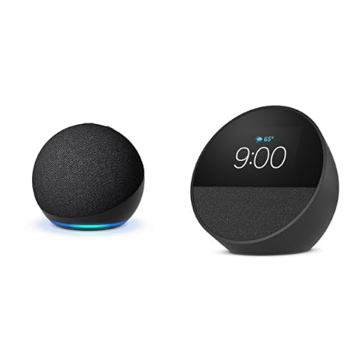 Amazon Echo Dot (newest model) Vibrant Speaker + Echo Spot (newest model) Smart Alarm Clock Bundle - Alexa+, Charcoal & Black
