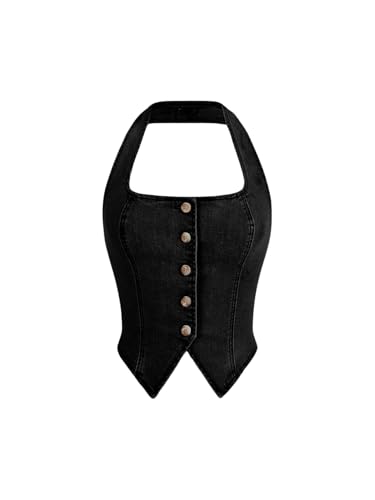 SHENHE Women's Denim Tops Y2K Halter Button Up Strapless Jean Vest Western Going Out Crop Top