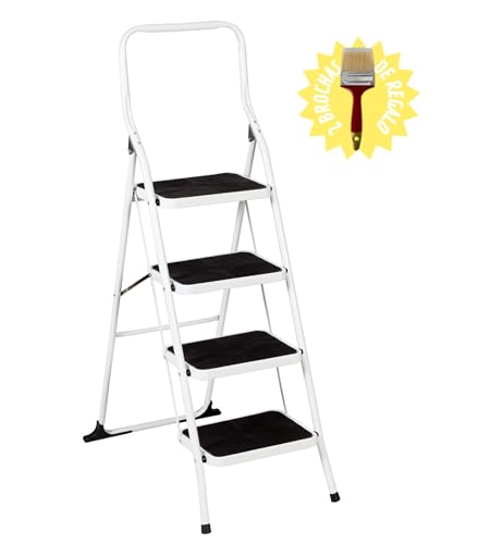 HR Hogar - Escalera Plegable 4 Peldaños de Acero - Fabricado en Europa - 2 Brochas Pintura de Regalo | Peldaños Anchos, Antideslizante, Robusta, Fácil Almacenameinto