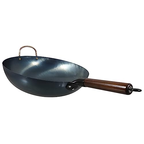 Wok de hierro con mango de madera antiadherente y fondo plano