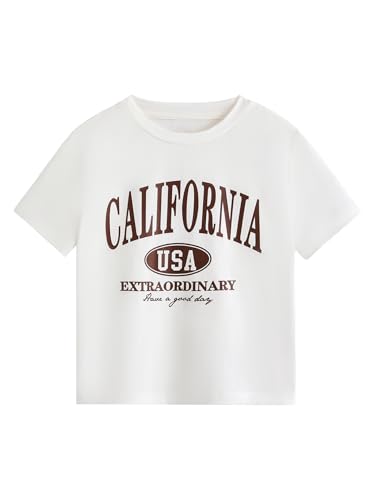 Verdusa Girl's Letter Print Casual T Shirt Short Sleeve Round Neck Tee Tops White 9Y