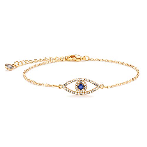MEVECCO Bracelet for Women Gold Evil Eye Round Zirconia Pave 14K Gold Plated Dainty Chain Simple Protection Jewelry