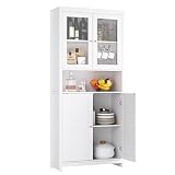 Alacena con 4 puertas: con 2 puertas de vidrio transparente y 2 puertas de madera cerradas, esta vitrina cocina multifuncional evita el polvo de manera efectiva y protege su privacidad.