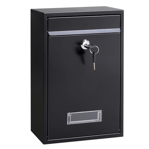 Image of Locking Mailboxes Wall Mounted Vertical - Jssmst Key Lock Drop Mail Box Medium Capacity Galvanized Steel Cover Rust-Proof Metal Post Box, 12.6 x 8.5 x 3.4 Inch, Black, SM-0601L