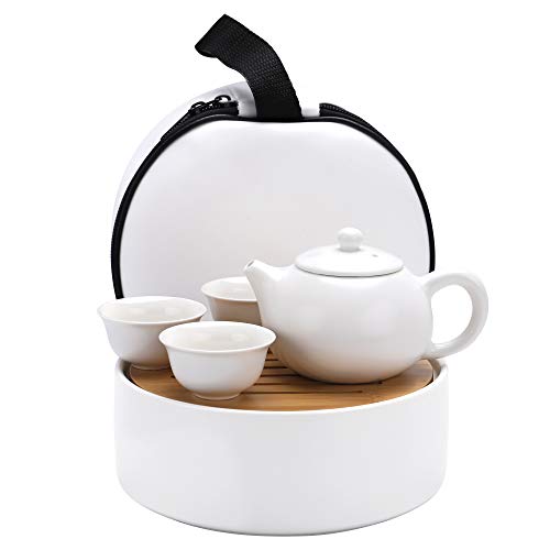 fanquare Portable Travel Tea Set with Round Tea Tray,Xishi Teapot with Three Tea Cups,Ceramic Kungfu Tea Set,White