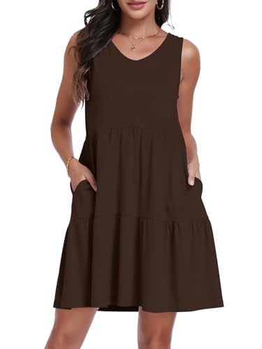 Image of Sundresses for Women Summer Sleeveless Tiered Swing V Neck Tank Dress | 2026 Casual Loose Tank Dress with Pockets, A-Line Flowy Beach Sun dress, Vacation Cruise Fashion Outfits