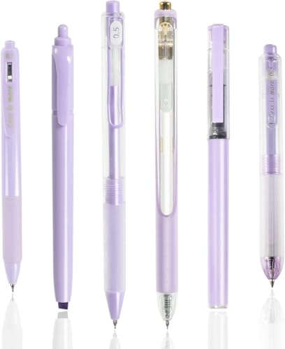 Image of SHUTTLE ART 6 Pcs Gel Pens Journaling Highlighters - Aesthetic Fine Point Retractable 0.7mm Pen Journal Set Pastel Color Ink 0.5mm Smooth Writing Drawing No Bleed (Purple)