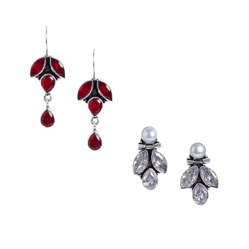 El Regalo 2 Pairs 925 Silver Plated Vintage Stones & Pearls Earrings Combo Set for Women & Girls- Silver Lookalike Statement Pearls Stones Earrings (Option-3) (B0C8CVJKX9) Amazon Price History, Amazon Price Tracker