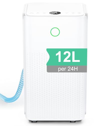 Deshumidificador 12 Litros/24h - Deshumidificador Eléctrico con 3 Modos, Silencioso y Eficiente, Depósito 2,2L, Drenaje Continuo, Temporizador 24h, 360° Ruedas, Deshumificadores de Humedad para Hogar