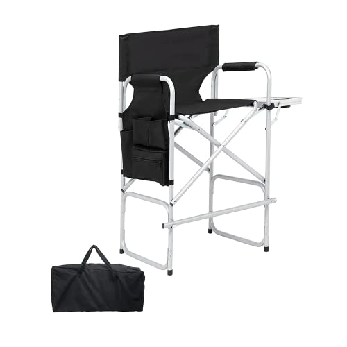 MISRFEYU Tall Director Chair with Side Table,Portable Makeup Artist Chair Bar Height,Foldable Tall Folding Chair with Storage Bag Foot Rest, Black