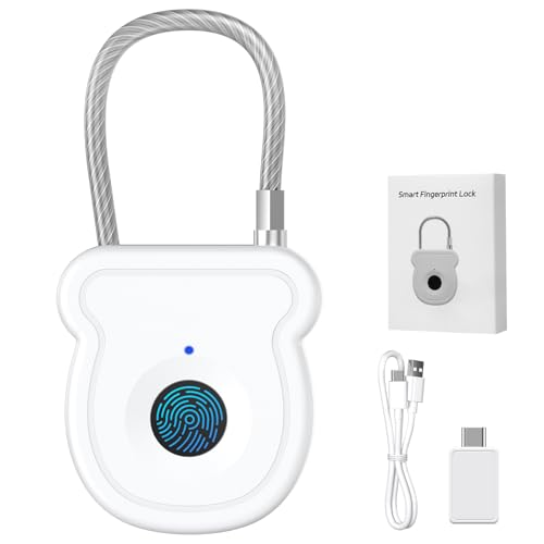Smartes Fingerabdruck-Vorhängeschloss für Gepäck 20 Benutzer Kapazität USB-Schlüssel & Notfallcode schlüsselloses biometrisches Schloss für Fitnessstudio Schließfach Koffer Rucksack(Weiß)