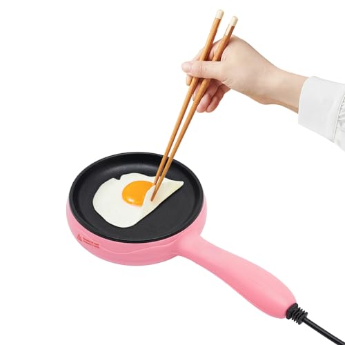 Electric Skillet with Spatula & 37Inch Long Power Cord 5.9 * 2.2In Non-Stick Frying Pan Overheating Protection Electric Frying Pan for Frying Eggs, Dumplings, Bacon, Sausage (Pink)