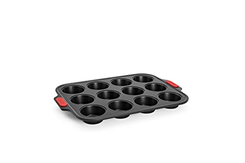 Woll Bakeware Muffinform für 12 Stück, mit hitzebeständigen Silikongriffen bis 230°C, PFAS-frei, zweilagige Antihaftbeschichtung, aluminisierter Stahl, schwarz