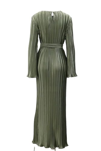 Image of Pluto & Fox Women's Crew Neck Plisse Maxi Dress Long Sleevele Flared Cuffs Belted Pleated Party Cocktail Wedding Guest Dress
